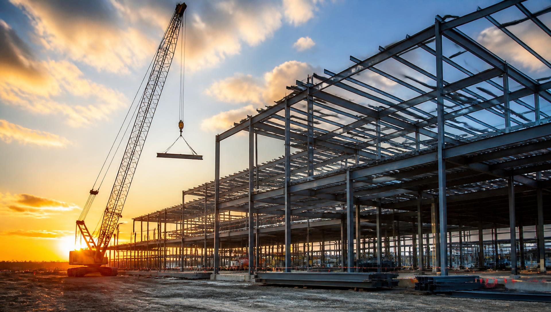 Structural steel frame building under construction at sunset